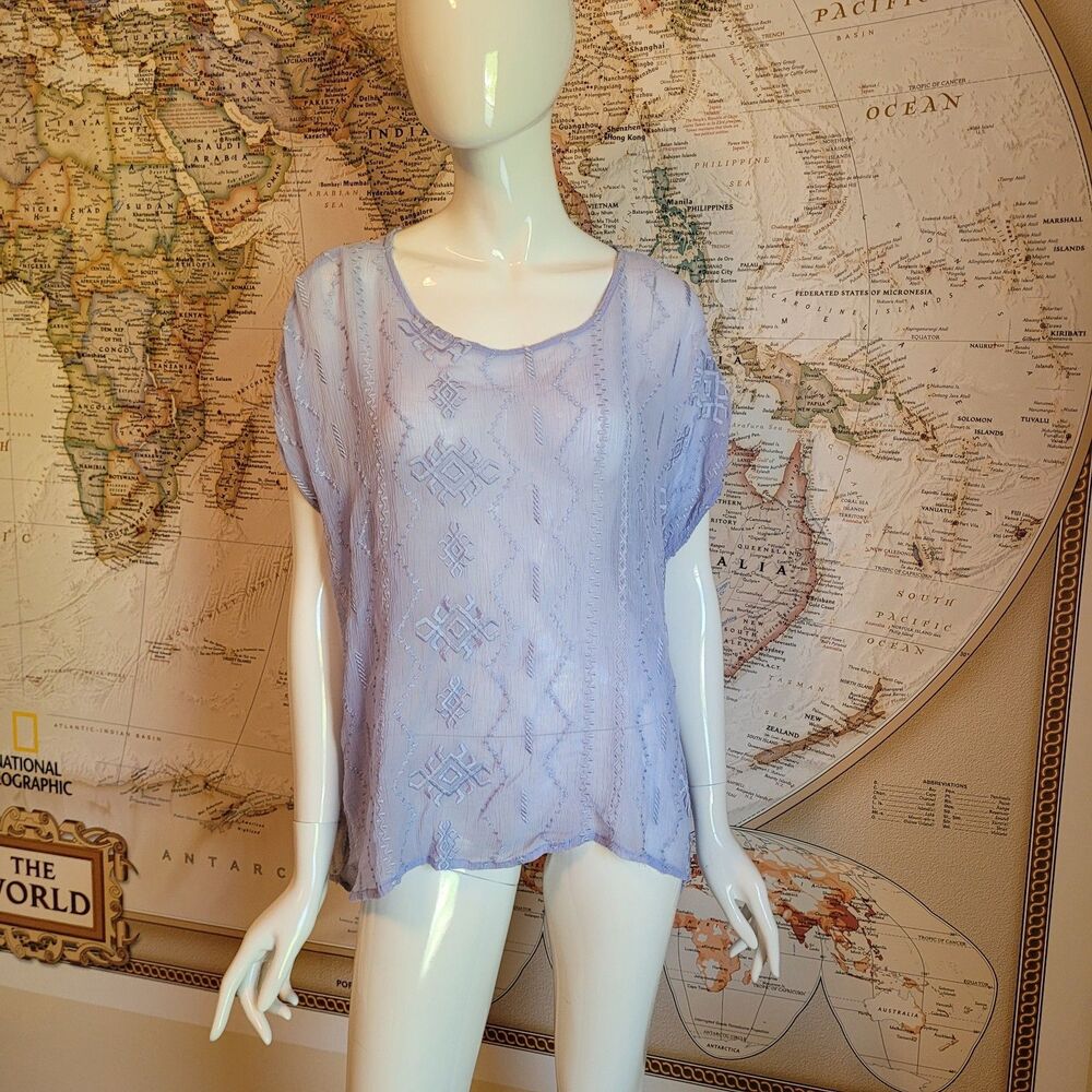 CHICO'S Lavender sheer batwing embroidered top Sz M (8-10) ethereal fairy boho